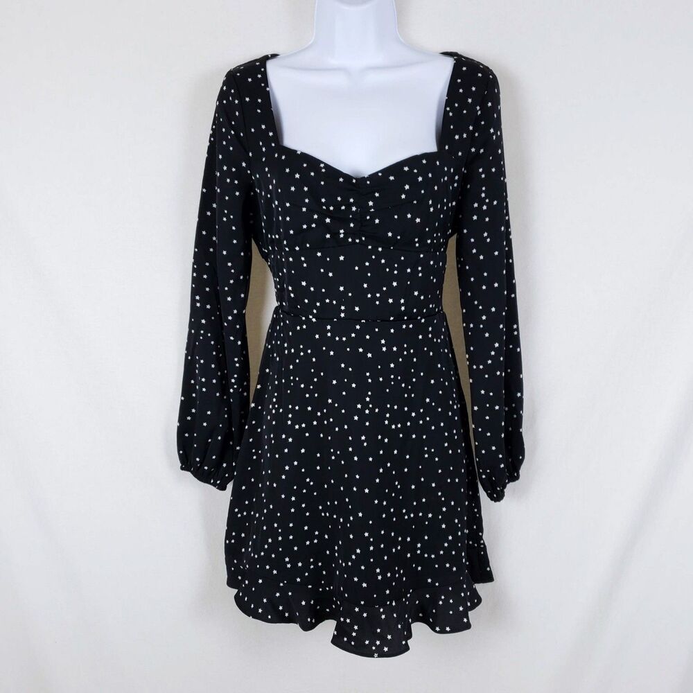 Altar'd State Celestial Star Print Mini Dress Womens S Black Smocked Ruffle Hem